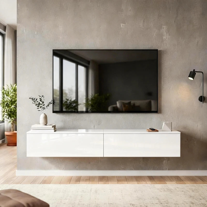 Floating TV Stand for TVs up to 75 Inch, 70.9" TV Cabinet, Entertainment Center with 2 Flip Doors, High Gloss White