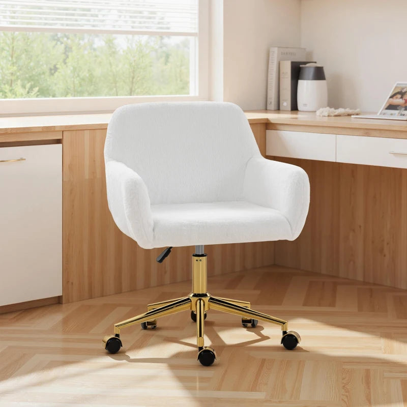 Office Chair, Faux Rabbit Fur Upholstered Vanity Desk Chair, Cream White