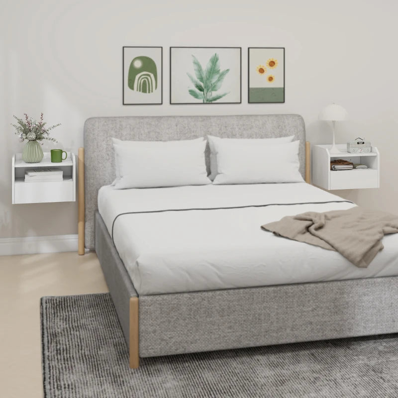 Wall Mounted Bedside Table, Set of 2 Floating Nightstand with Charging Station, Drawer and Open Shelf for Bedroom, White