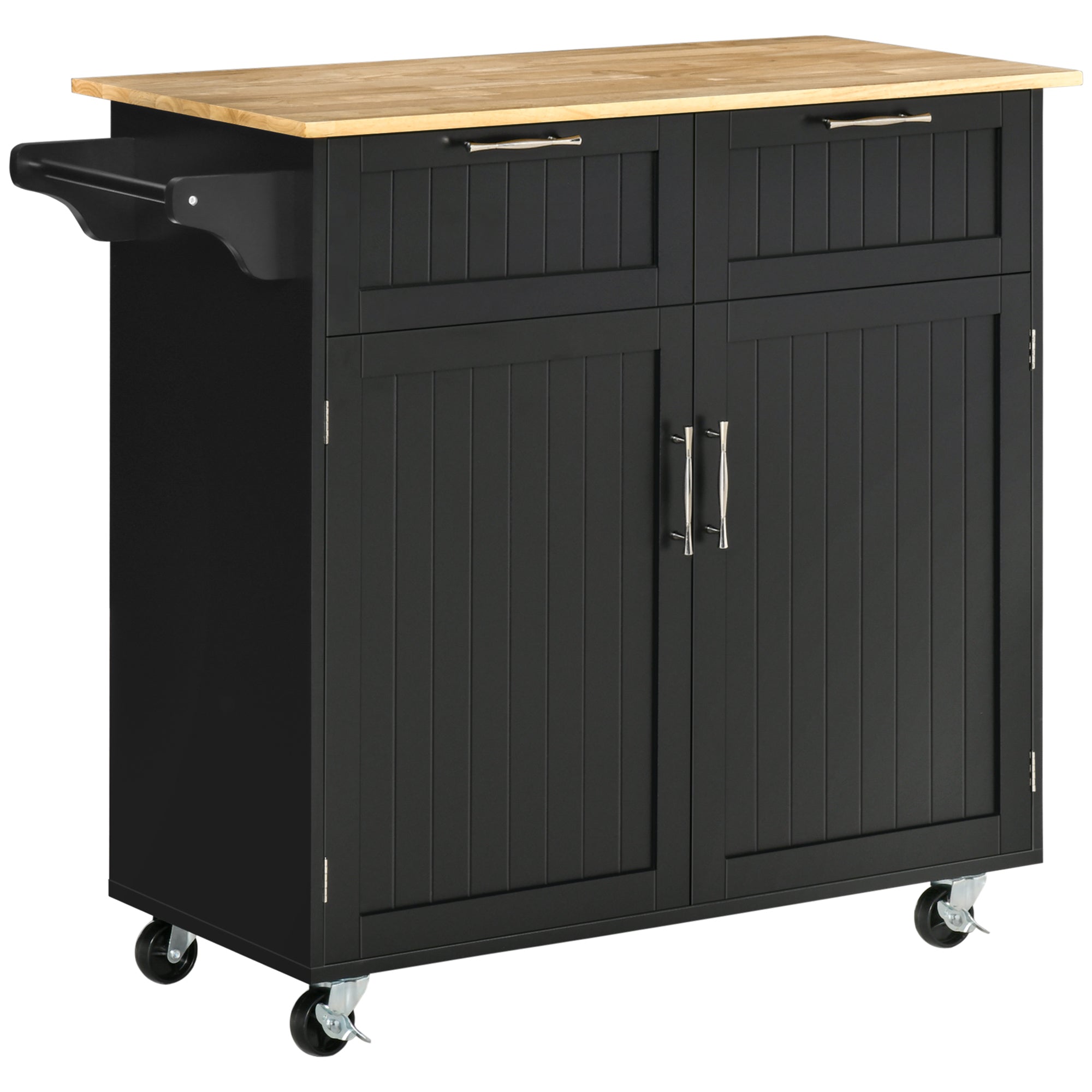 HOMCOM Mobile Kitchen Maestro: Rubber Wood Top Cart with Storage Drawers, Towel Rack, Black Cabinet 