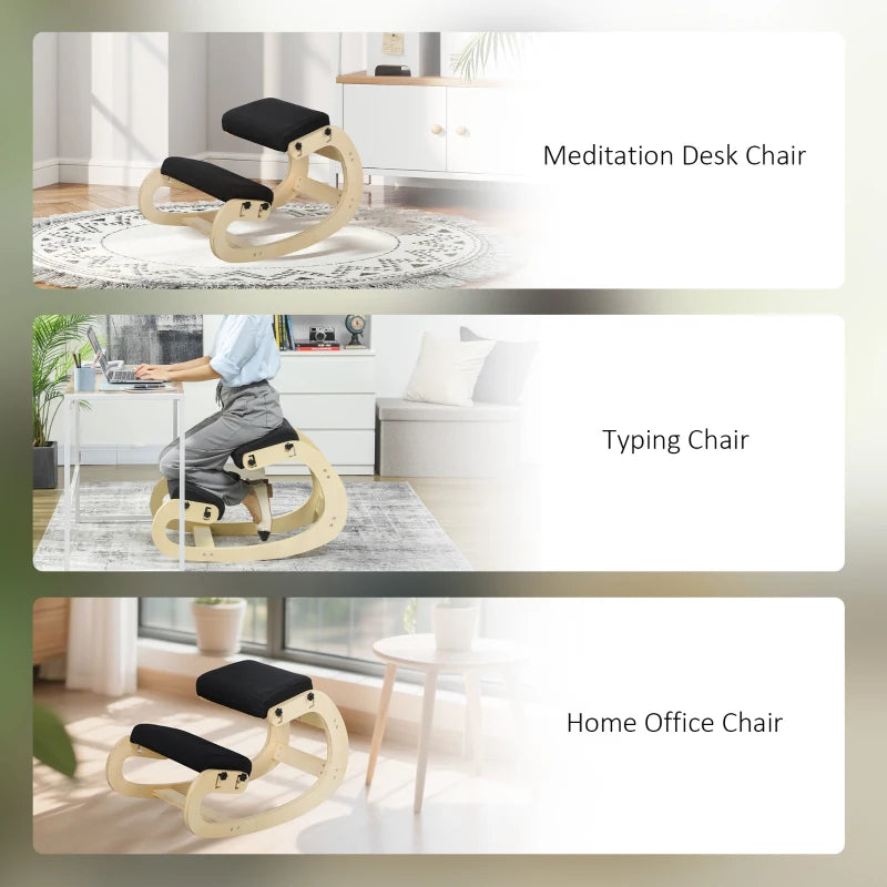 Ergonomic Kneeling Chair, Adjustable Rocking Wood Kneeling Stool, Desk Chair, Improve Posture, Black