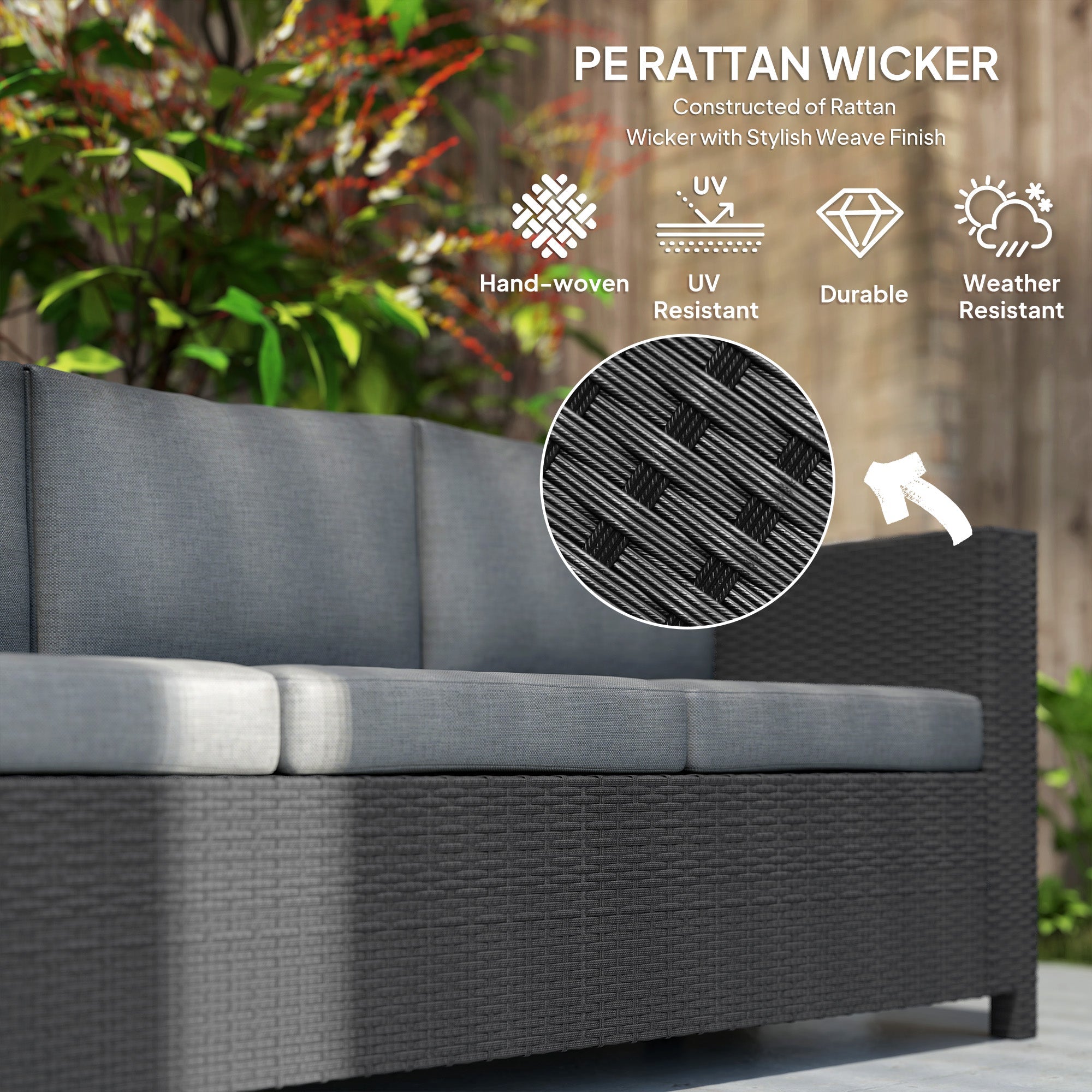 Outsunny Deluxe 3 Seat Rattan Wicker Sofa Garden Outdoor Patio Furniture with Cushion, Grey 