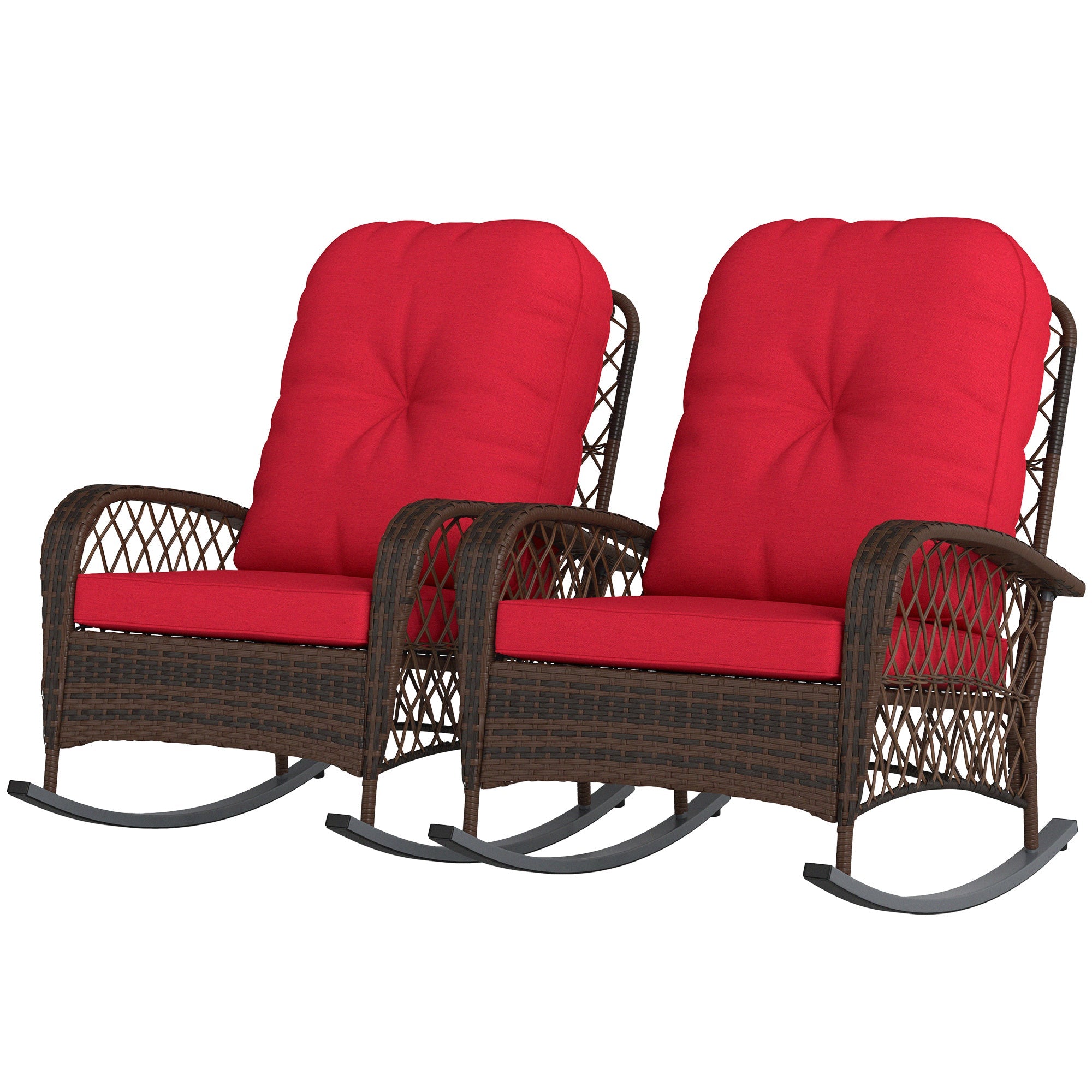 Outsunny Outdoor Wicker Rattan Rocking Chair Set of 2, Patio Rocker with Thick Cushions for Garden Backyard Porch, Red 