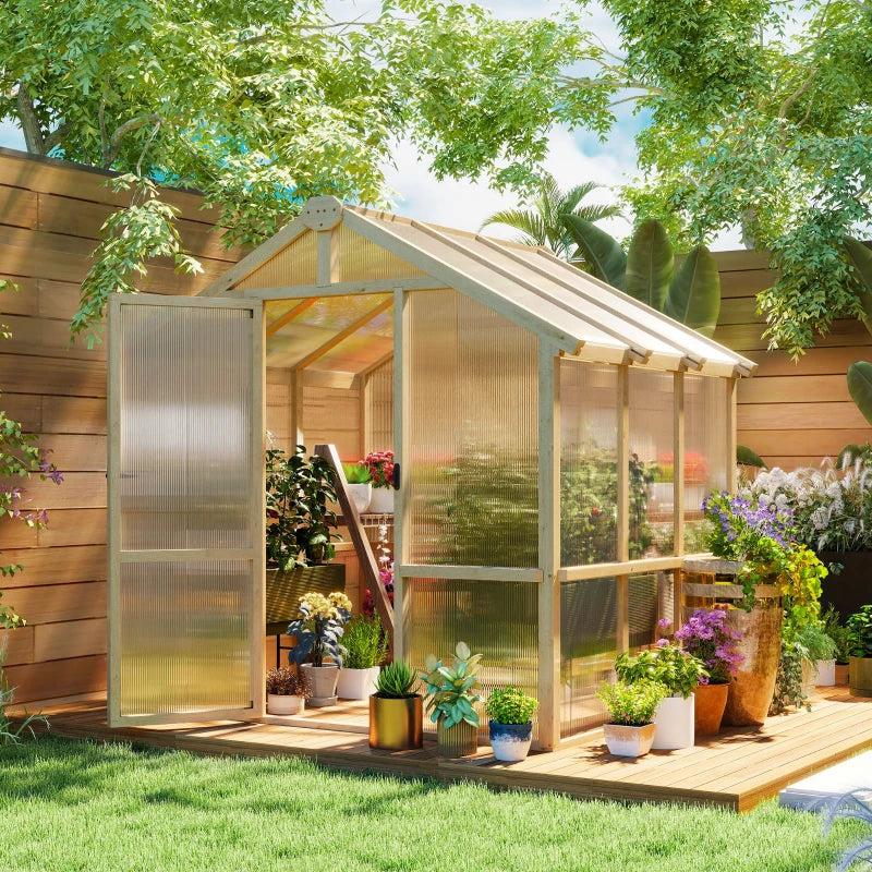 6.6 x 6ft Polycarbonate Greenhouse Wooden Green House with Thickened Polycarbonate Sheets, Lockable Door, Brown