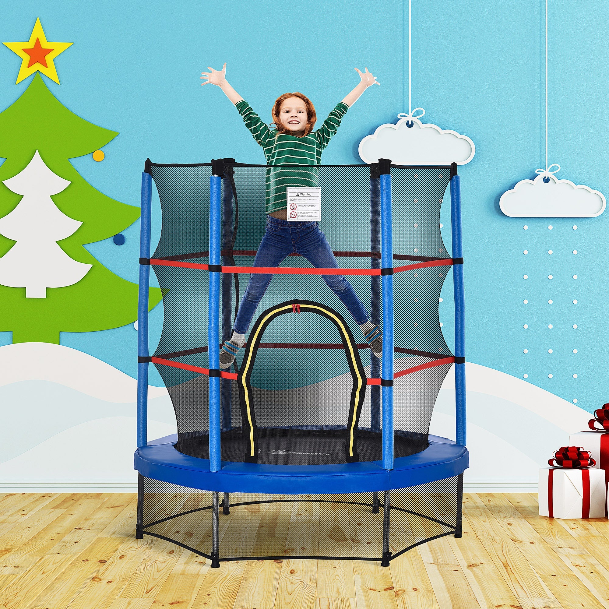 Outsunny 55" Kids Trampoline Enclosure Net Steel Frame Indoor Round Bouncer Rebounder 3-6 Years Blue Toy 