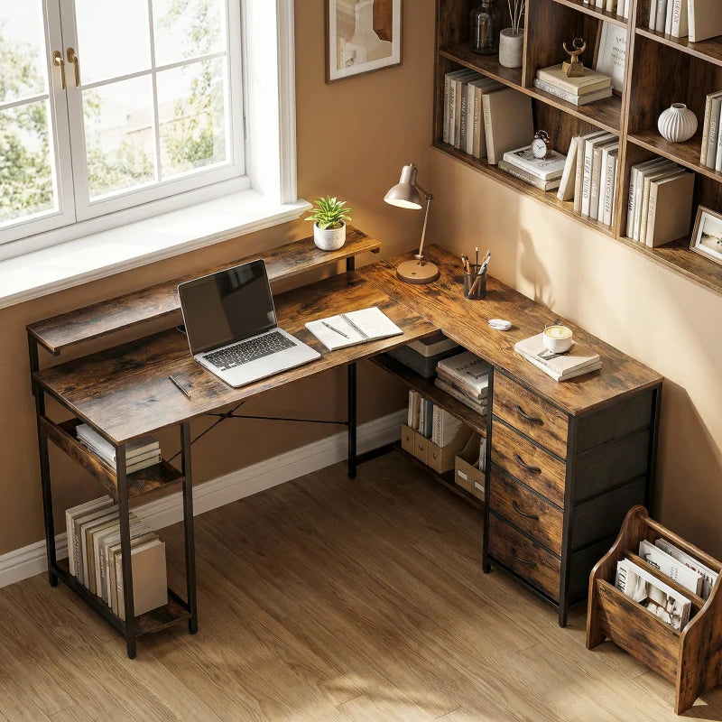 Gaming Desk with Power Outlets LED Lights Computer Desk with Drawers Monitor Stand 61" Rustic Brown