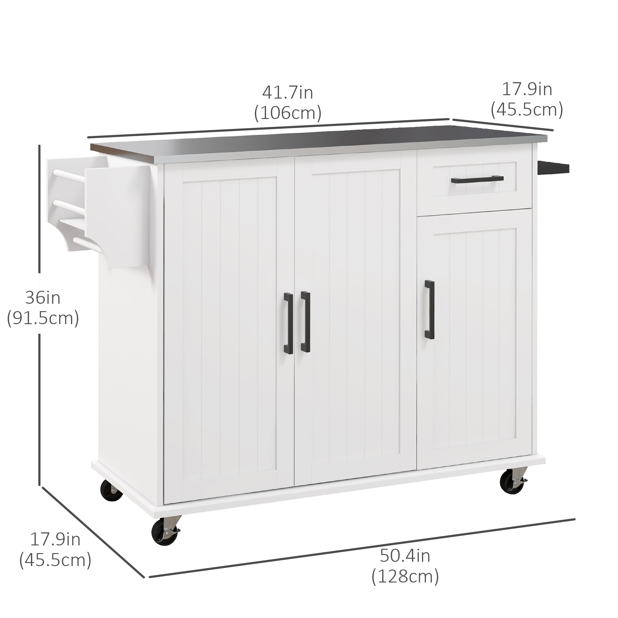 HOMCOM Movable Kitchen Workstation: White Rolling Island with Stainless Steel Top, 3 Cabinets, Spice/Towel Racks 