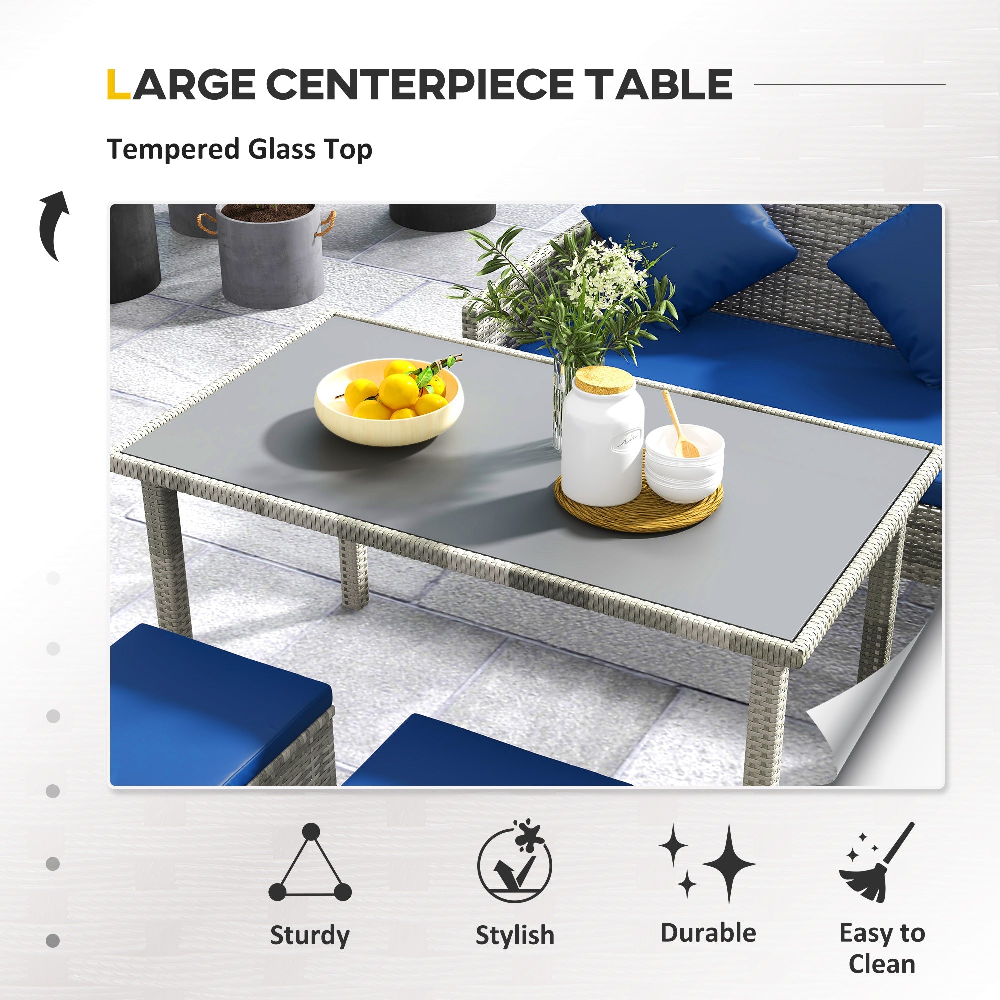 Outsunny 5-Piece Navy Blue Wicker Patio Dining Set, Outdoor Conversation Furniture with Cushions, Table, Ottomans 