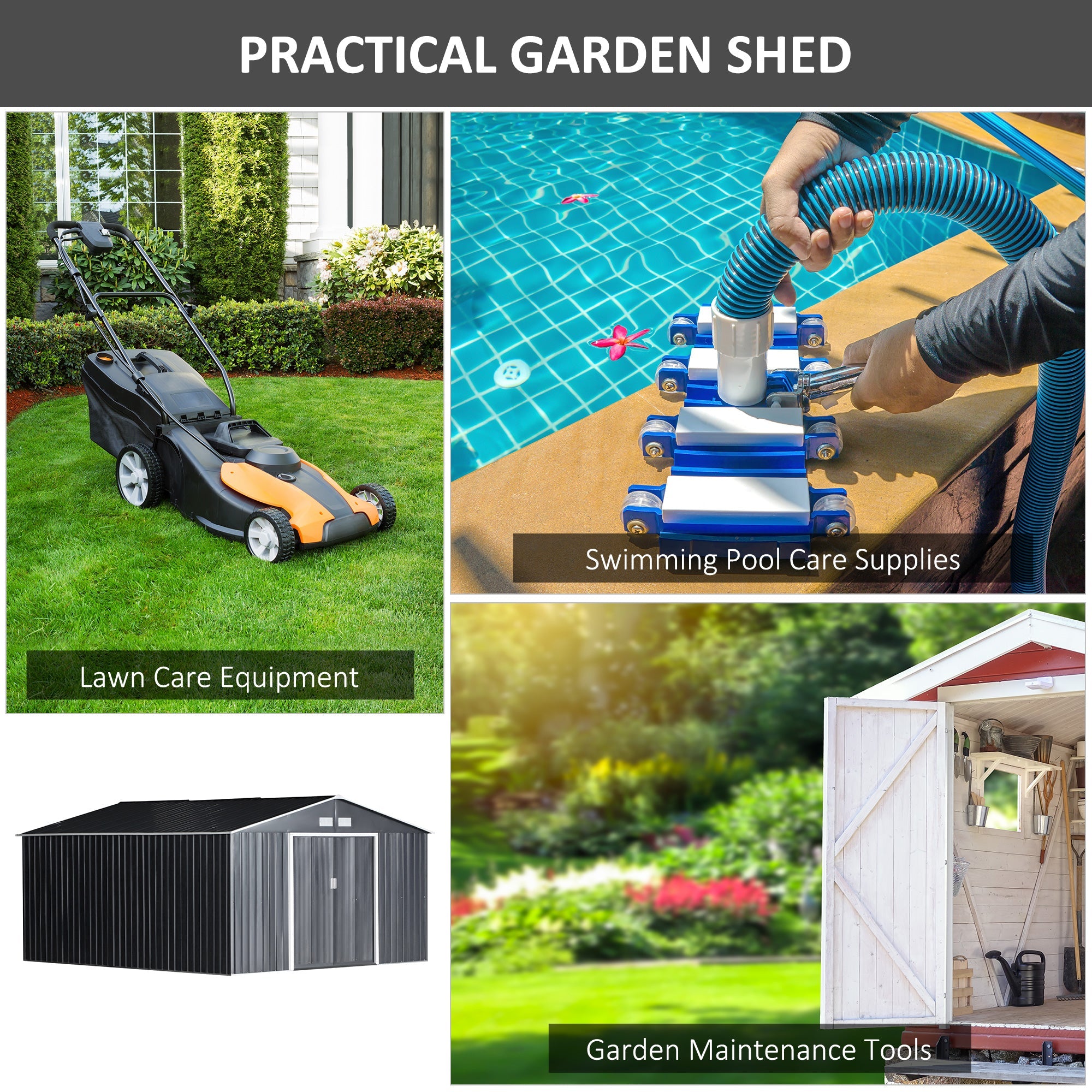 Outsunny Spacious Garden Shed 11.2ft x 12.5ft with 4 Vent Slots, Double Doors, Durable Storage - Grey 