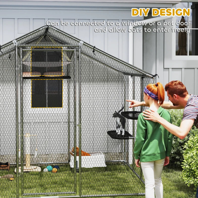 Large Catio Outdoor Cat Enclosure with Waterproof Cover, Walk-in Cat Patio w/ 5 Adjustable Platforms & Hammock 94.5" W