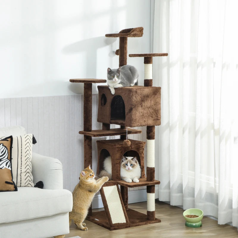 63" Cat Tree, Multi-Level Cat Tower with Scratching Posts, Cat Condos, Bed, Platforms, Ramp, Toy Ball, Light Brown