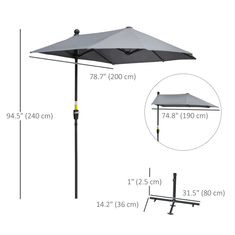 6.6 x 6ft Half Patio Umbrella Outdoor Parasol with Double-Sided Canopy, Crank Handle, Base for Garden, Balcony, Grey