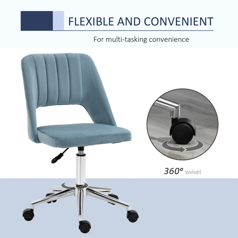 Mid Back Office Chair Velvet Fabric Swivel Scallop Shape Computer Desk Chair, Sky Blue