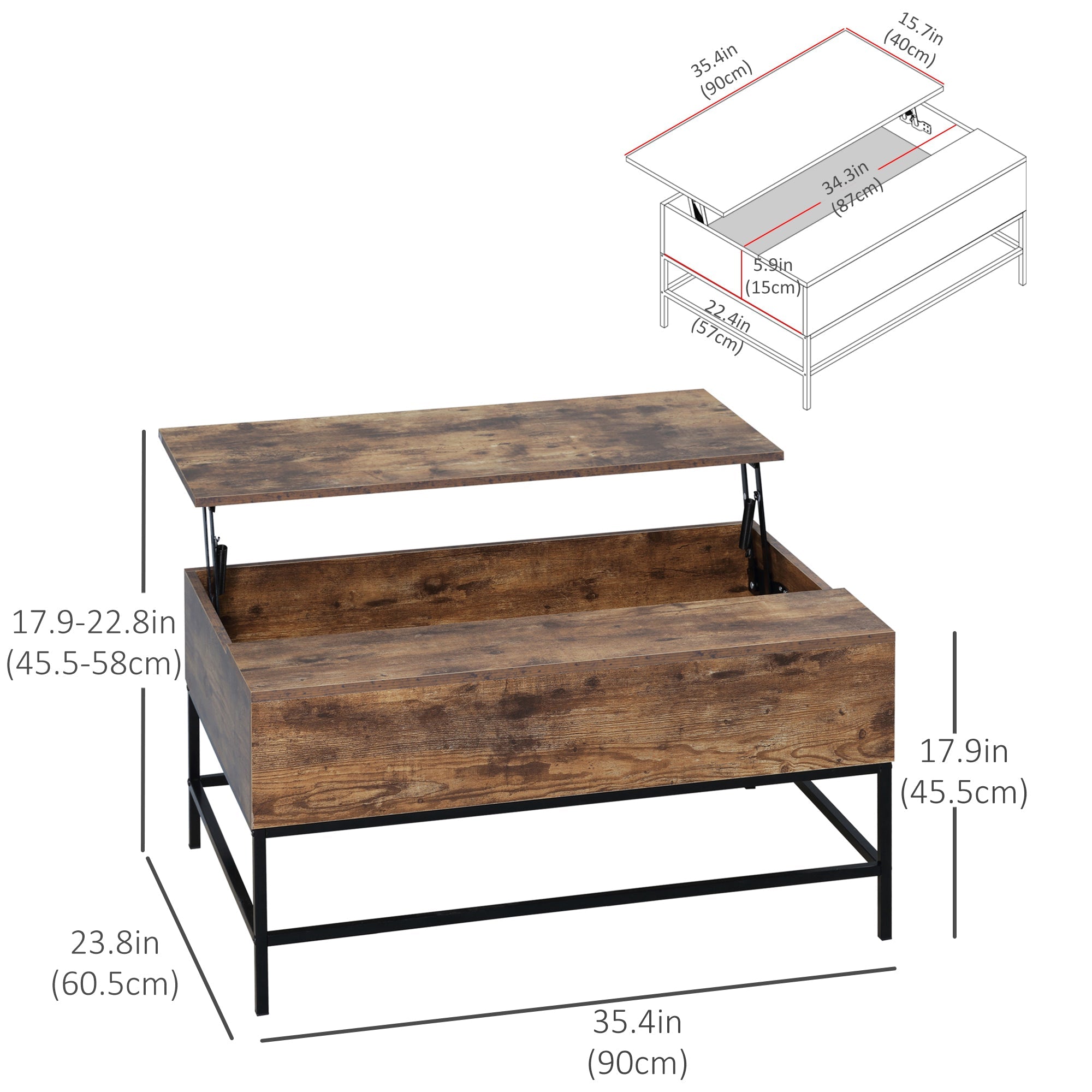 HOMCOM Rustic Brown Lift Top Coffee Table: Center Table with Hidden Storage Compartment for Living Room 