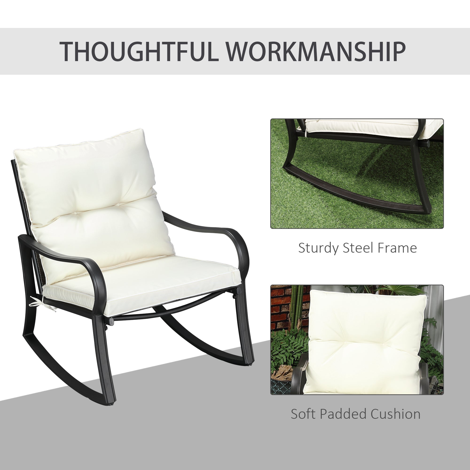 Outsunny Rocking Chairs Table Set 3PC Outdoor Furniture 2 Rockers 1 Coffee Table Cream White 