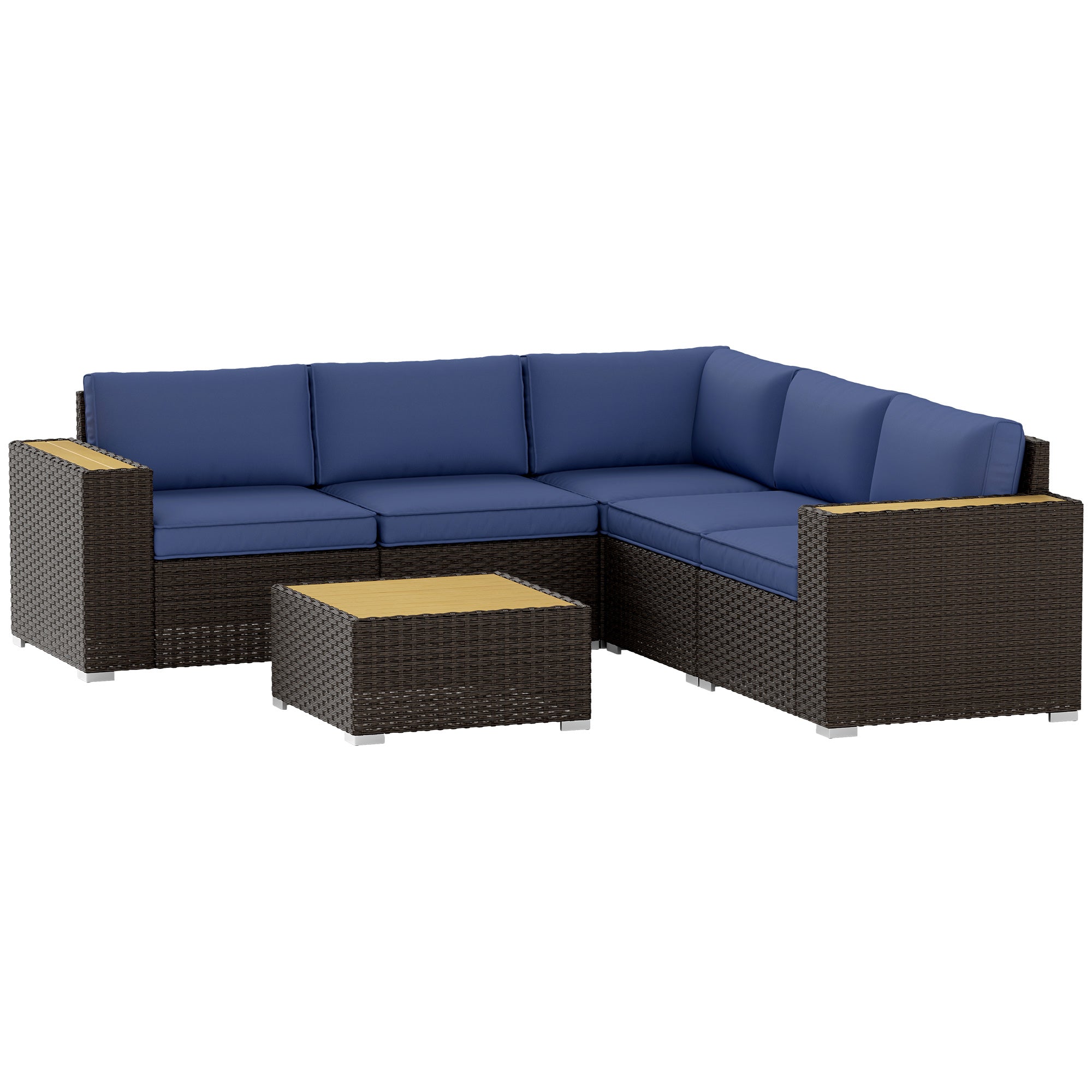 Outsunny 6 Pieces Outdoor Rattan Patio Furniture Set with Corner Sofa, Wood-Plastic Coffee Table, Navy Blue 