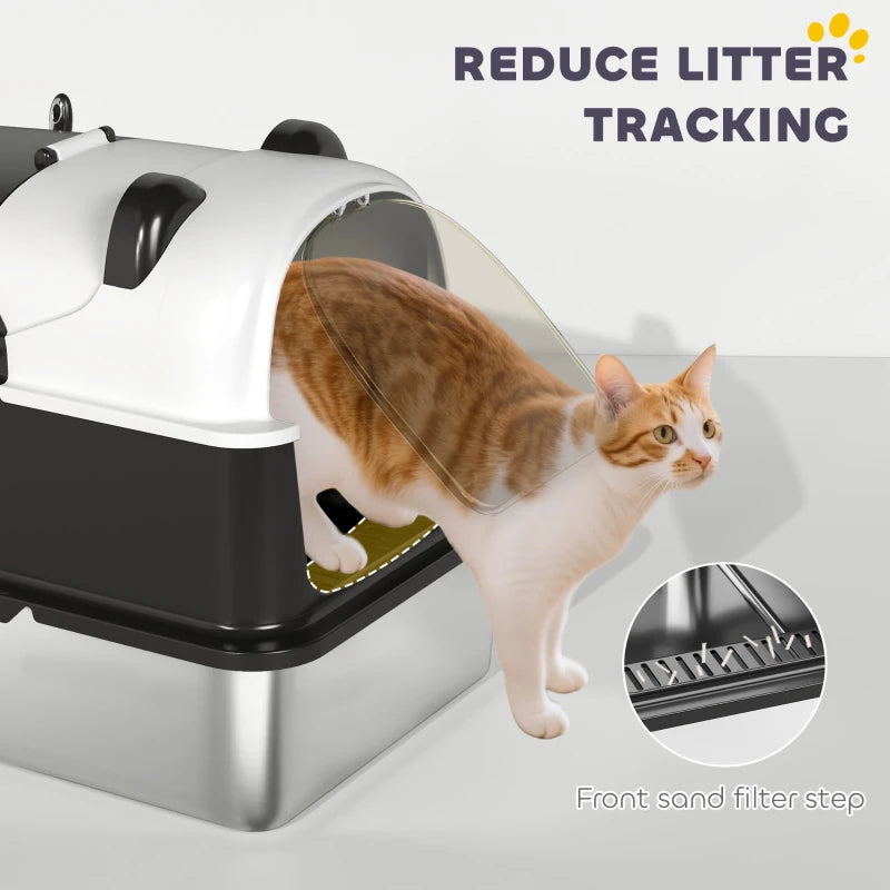 Panda Style XL Stainless Steel Cat Litter Box with Lid, Enclosed Kitty Litter Box with Scoop, 23.7" x 15.9" x 17.6"