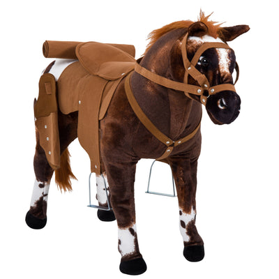 Qaba Plush Standing Ride-On Pony for Kids - Brown Cowboy Horse Toy with Neighing Sound 