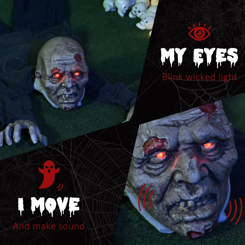 HOMCOM 62” Life-Size Outdoor Halloween Crawling Zombie – Animated Prop with Sound, Motion Activation & Light-Up Eyes 