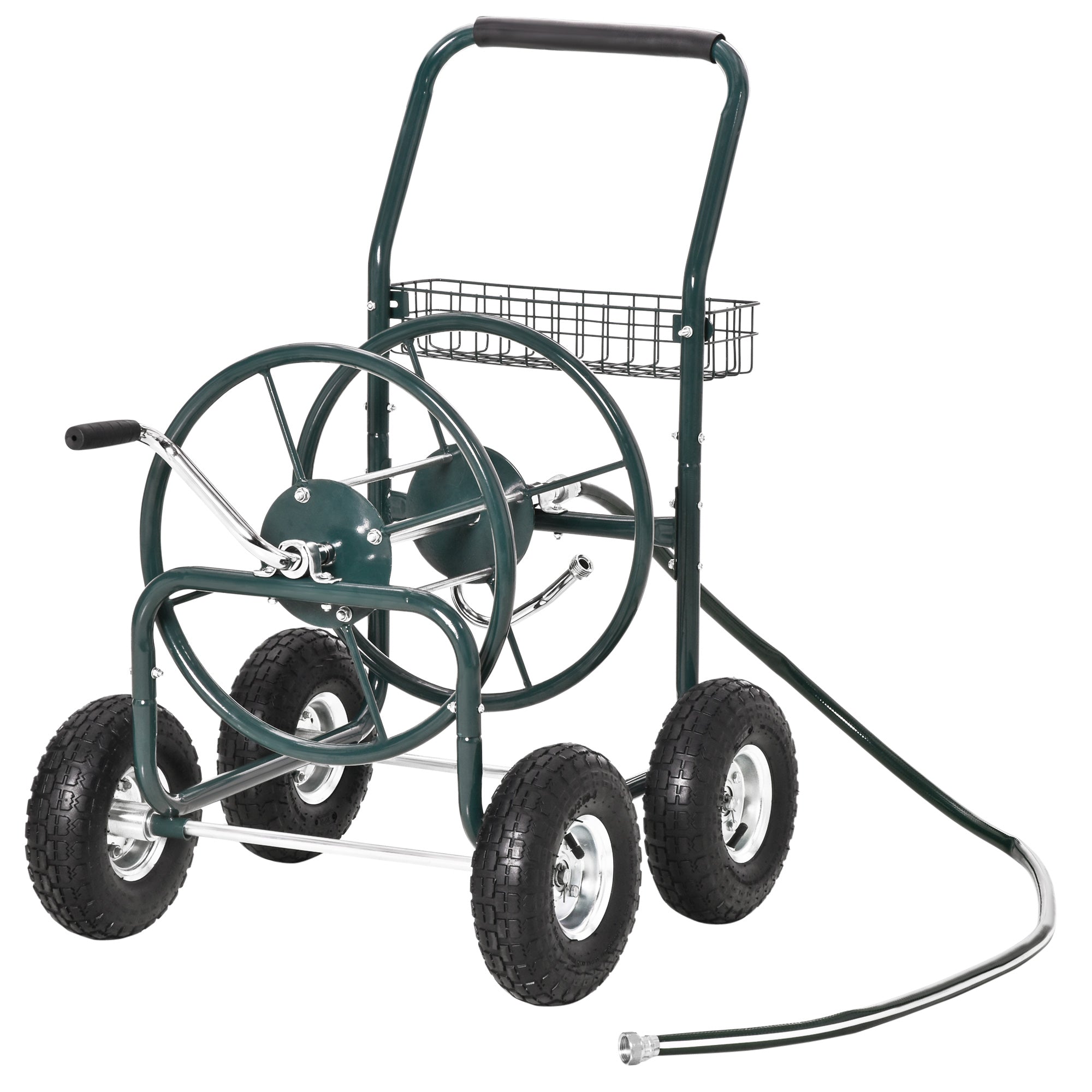 Outsunny Garden Hose Reel Cart, Portable Hose Organizer with Hose Guide System, 4 Wide Wheels & Storage Basket, Farm 