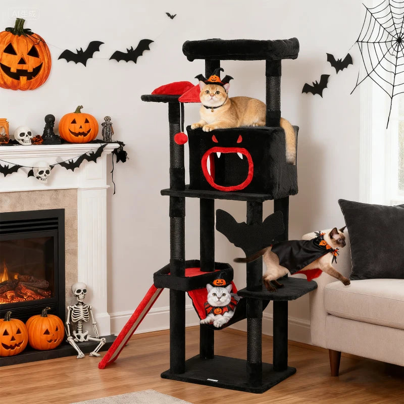 Gothic Cat Tree, 60" Tall Cat Tower with Coffin Bed,  Sisal Scratching Posts & Ramp, Condo, Hammock, Perches, Black