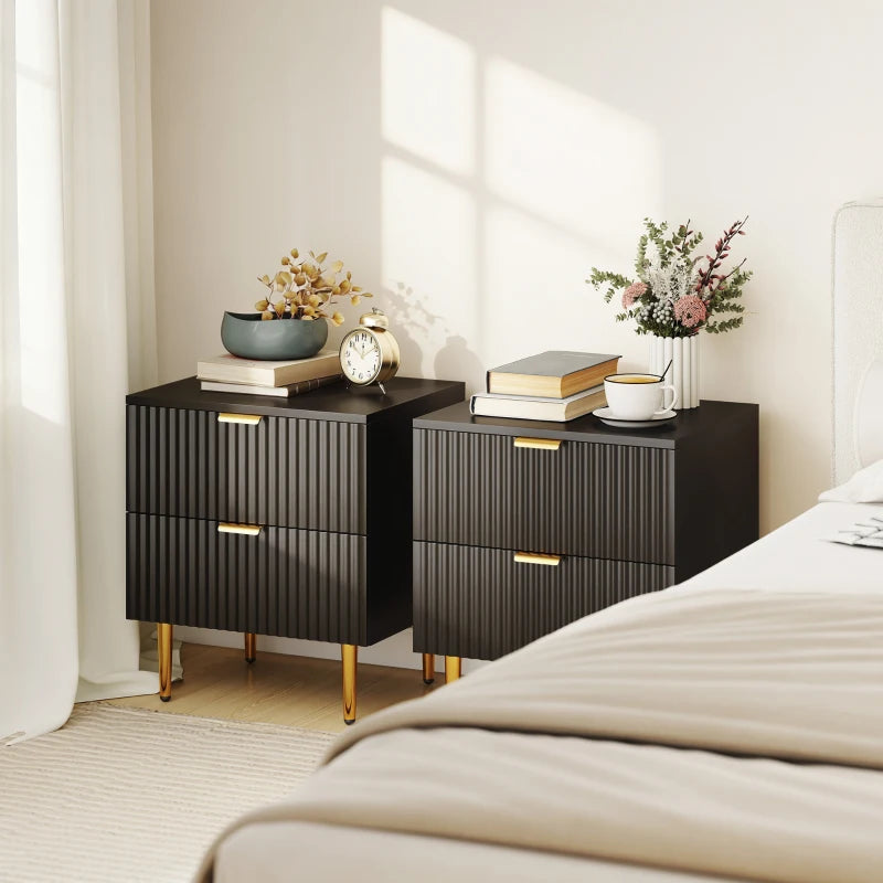 Bedside Table Set of 2, Modern Nightstand with 2 Drawers, Side End Table with Metal Legs for Living Room, Bedroom, Black