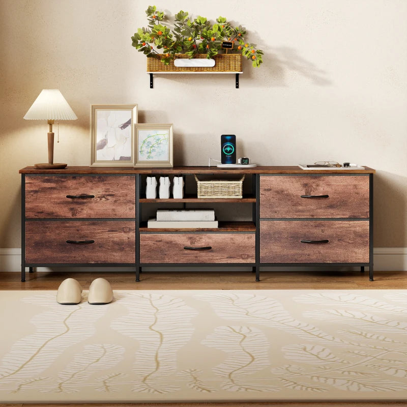 TV Stand for TVs up to 70 Inch, Industrial TV Console with Charging Station, 5 Drawers and Open Shelves, Rustic Brown