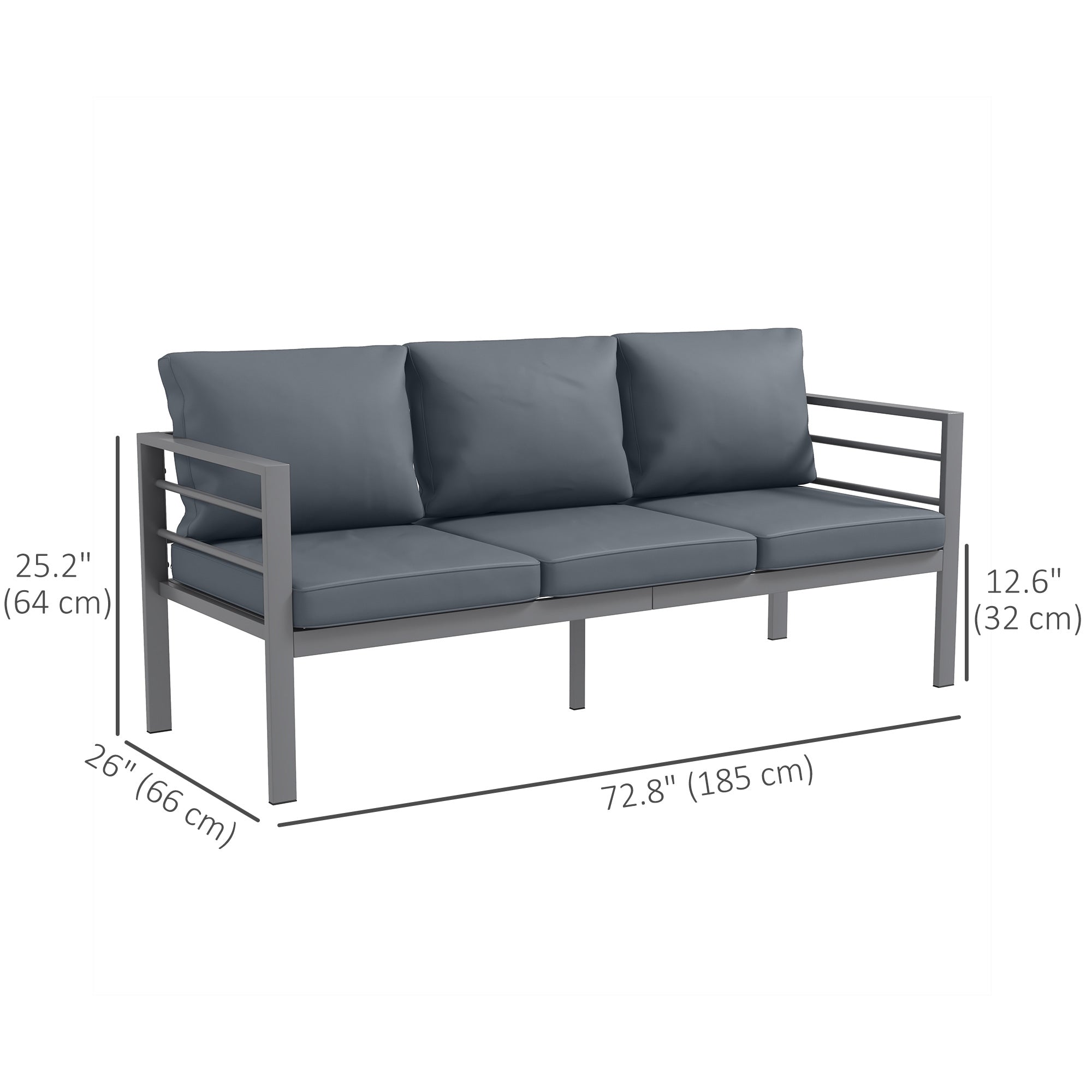 Outsunny Aluminum 3-Person Garden Sofa Outdoor Couch with Cushions Backyard Furniture Grey 