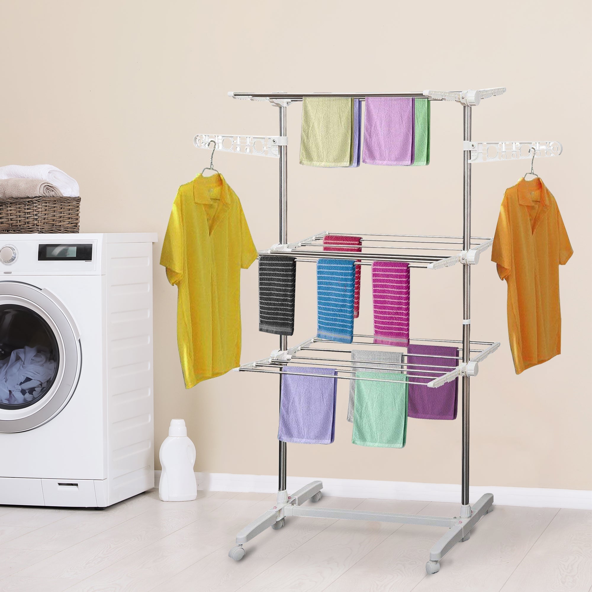 HOMCOM Clothes Drying Rack 3 Tier Foldable Rolling Collapsible Laundry Dryer Hanger Towel Holder Indoor Outdoor Stainless 