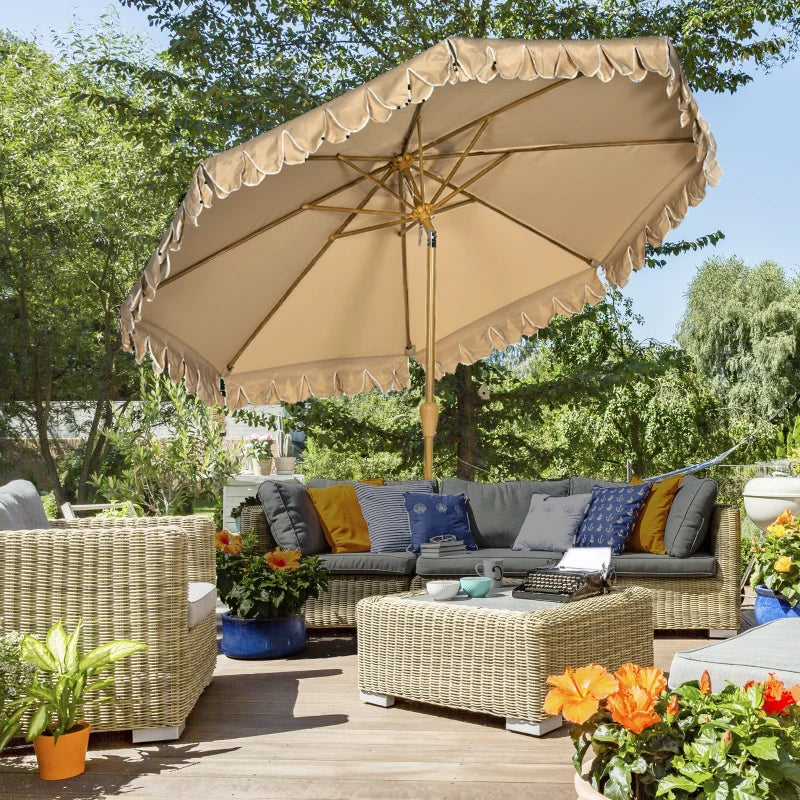 9 ft Patio Umbrella with Push Button Tilt and Crank, Double-ruffled Outdoor Market Table Umbrella Parasoll, Khaki