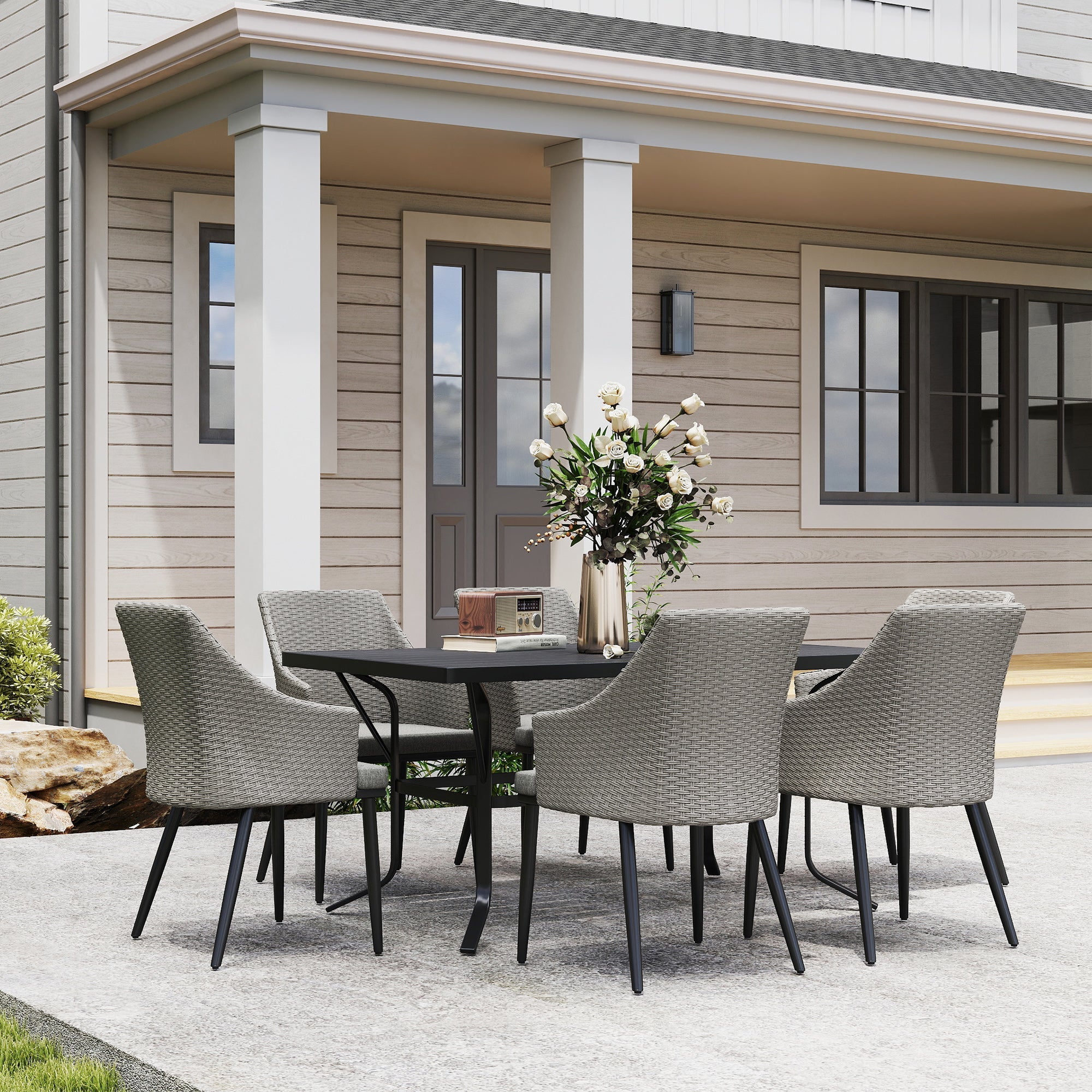 Outsunny 7 Piece Wicker Patio Furniture Set with Cushions, Umbrella Hole, Slatted Table Top, for Backyard, Porch, Garden, Balcony 