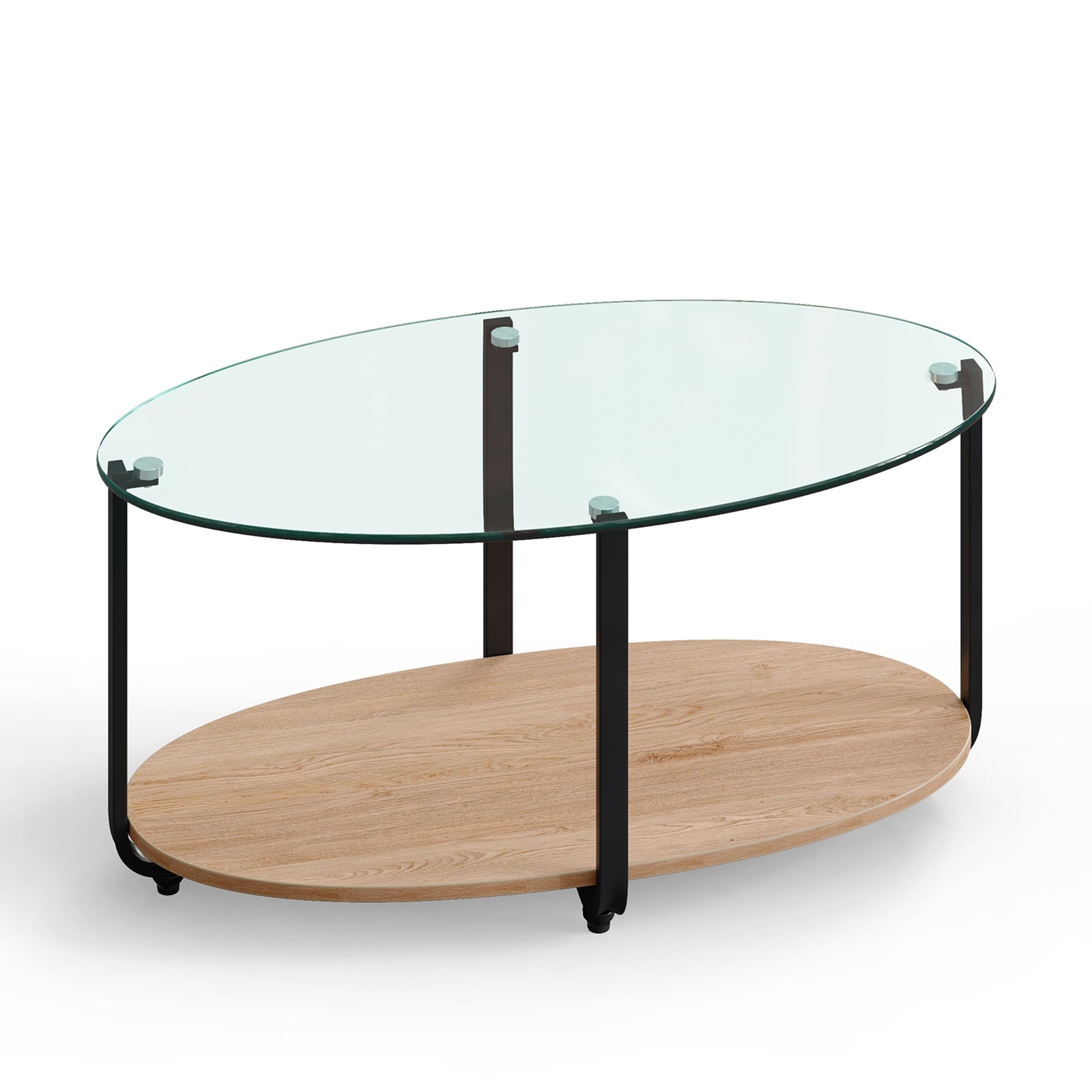 2-Tier Glass-Top Oval Coffee Table with Wooden Shelf for Living Room