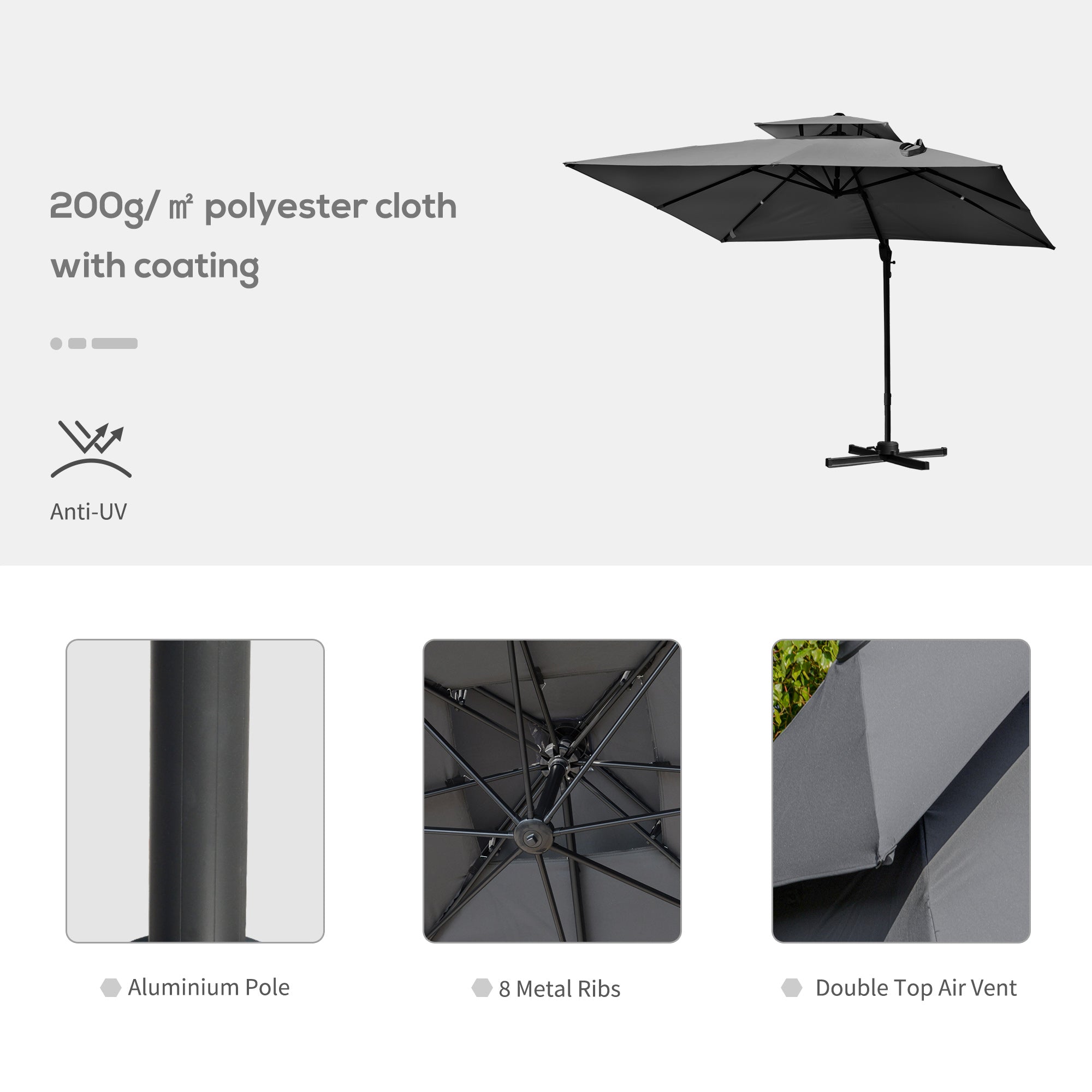 Outsunny 10'x10' Patio Umbrella Outdoor Square Cantilever Offset Umbrella Aluminum with 360° Rotation, Charcoal Grey 