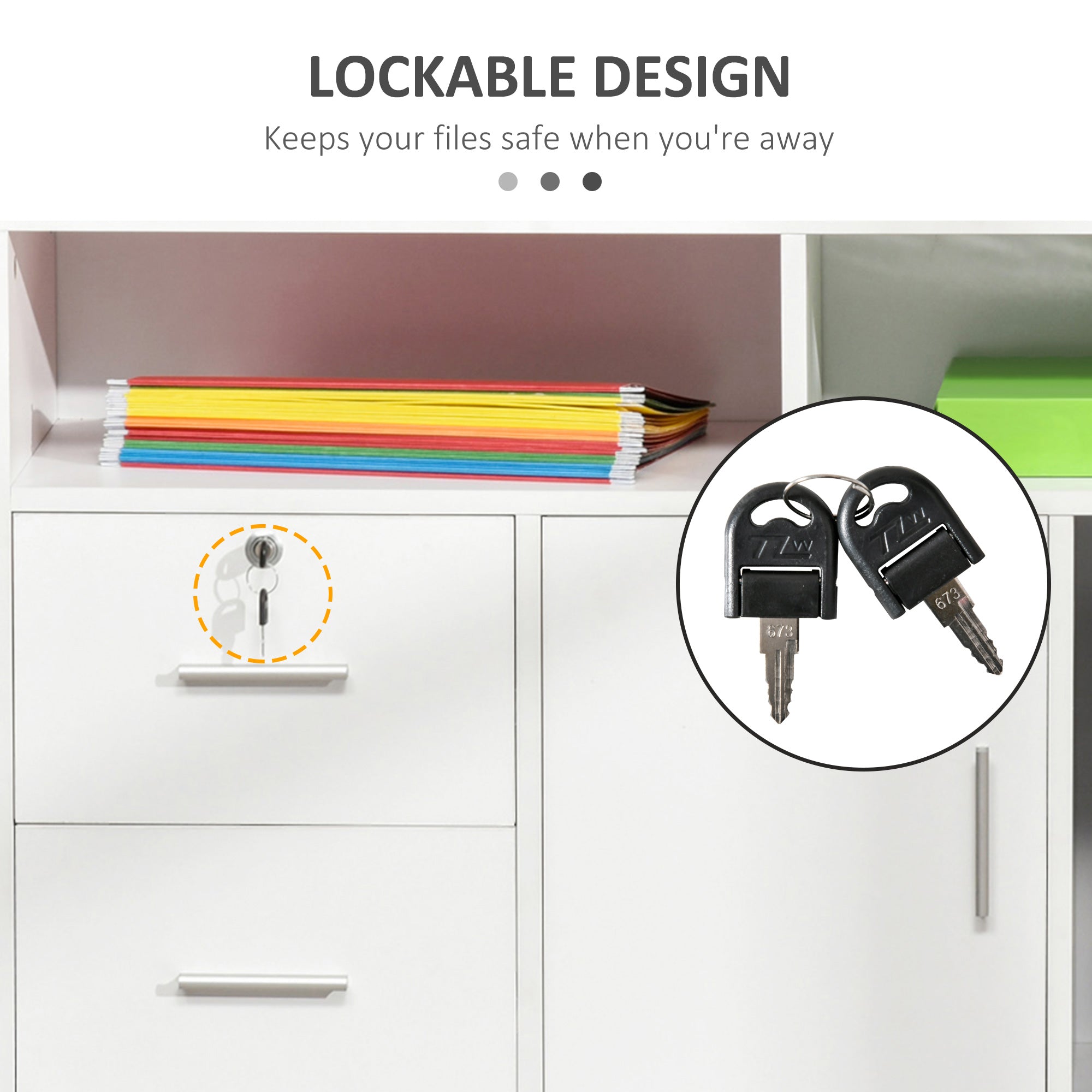 HOMCOM Mobile Printer Stand: File Cabinet with Lockable Drawer & Casters for Home Office, White 