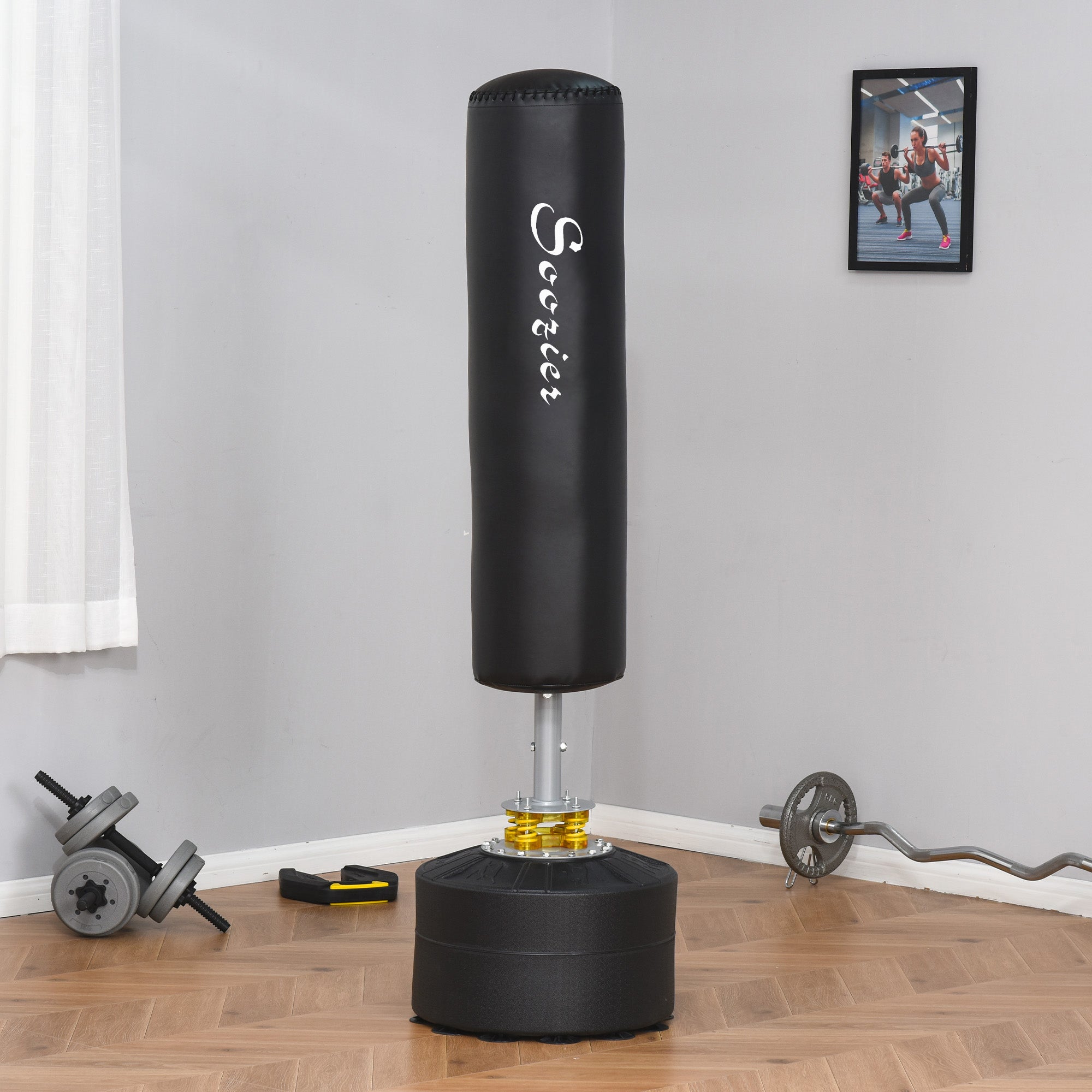 Soozier Freestanding Boxing Punch Bag Stand, Height Adjustable, with Fillable Base, Absorption Springs, Suction Cups 