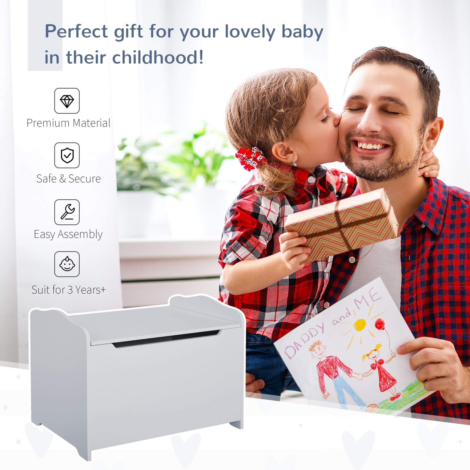 Qaba Large Wooden Toy Storage Box Organizer with Magnetic Hinge for Kids Playroom Chest with Groove Handle Grey 