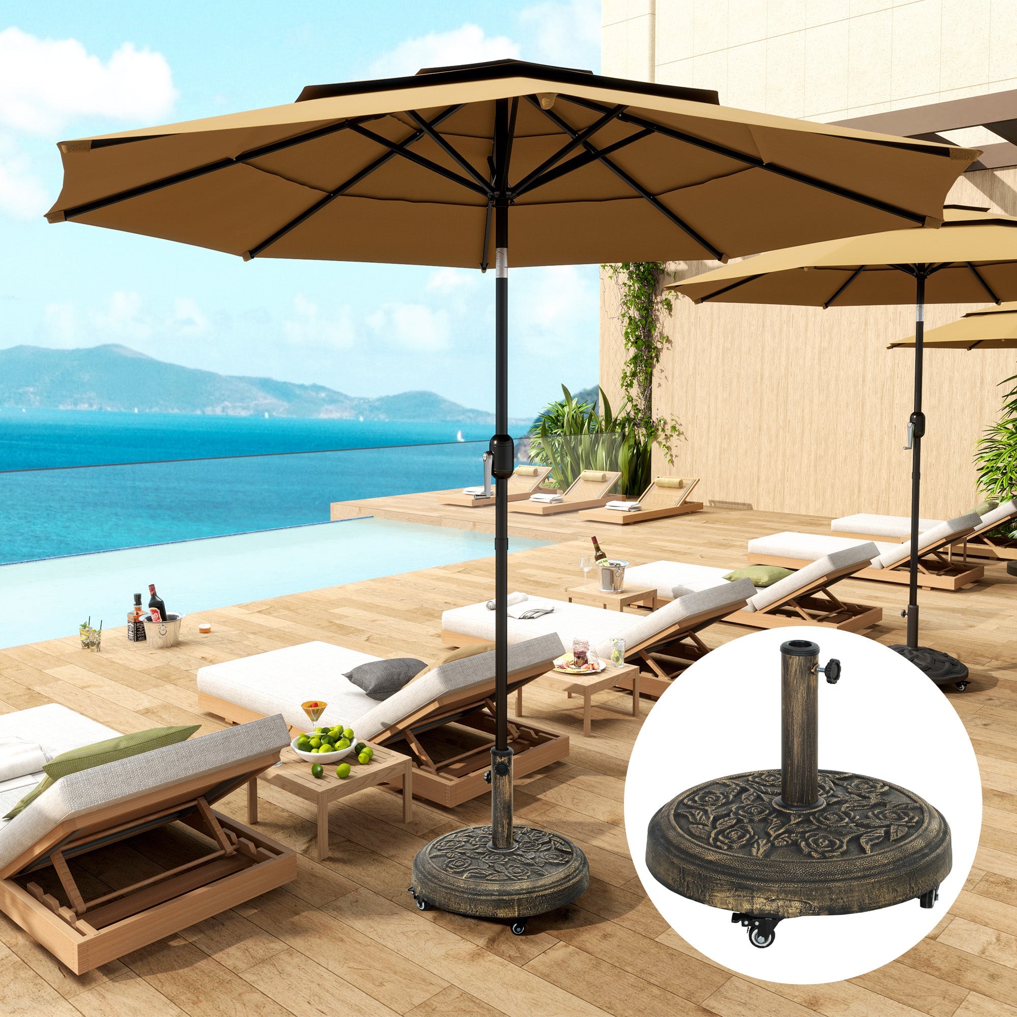 Outsunny Round Patio Umbrella Base, 46 lbs Resin Umbrella Stand with Wheels, Outdoor Umbrella Stand for 1.3"/1.5"/1.9" Umbrella Poles for Outdoor, Lawn, Poolside, Bronze 