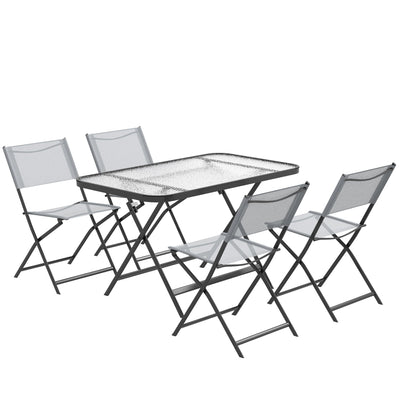 Outsunny Patio Dining Set 5 Pieces Foldable Table and Chairs Glass Top Rectangle Table Stackable Chairs Grey 