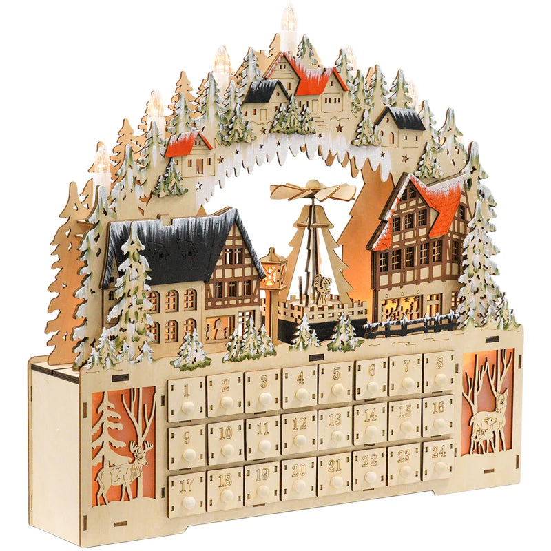 HOMCOM Wooden Christmas Advent Calendar – 24 Fillable Countdown Drawers with LED Lights, Battery Operated, Reusable 