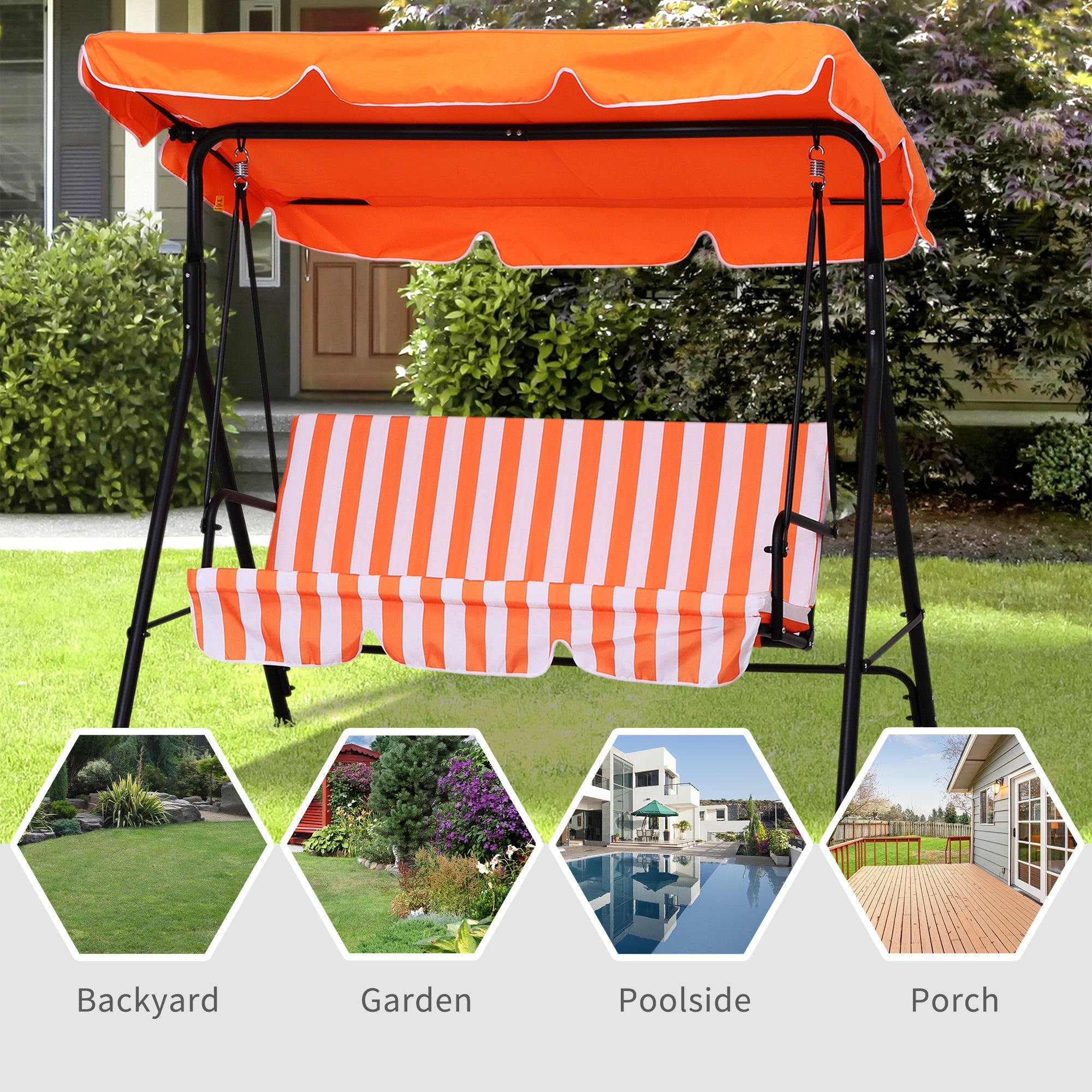Outsunny Luxurious Lounging: Metal 3-Seater Outdoor Swing Chair with Cushions, Canopy, and Frame for Garden, Patio, Orange and White 
