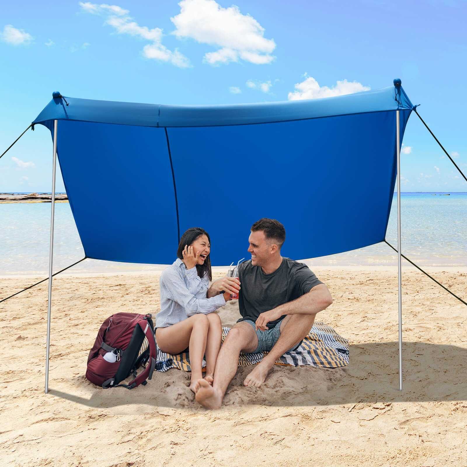 10 Foot Ride 9 Foot Family Beach Tent Canopy Sunshade with 4 Poles-Blue