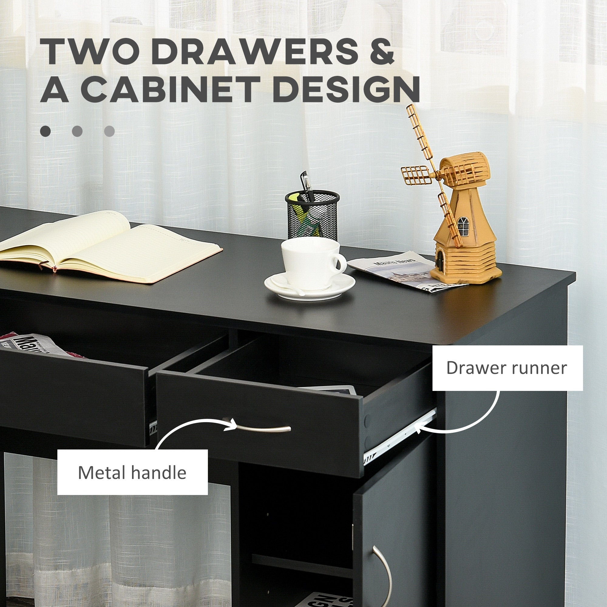 HOMCOM Computer Desk with Drawers Cabinet Adjustable Shelf Home Office Bedroom Compact Workstation Space Saving Design Black 