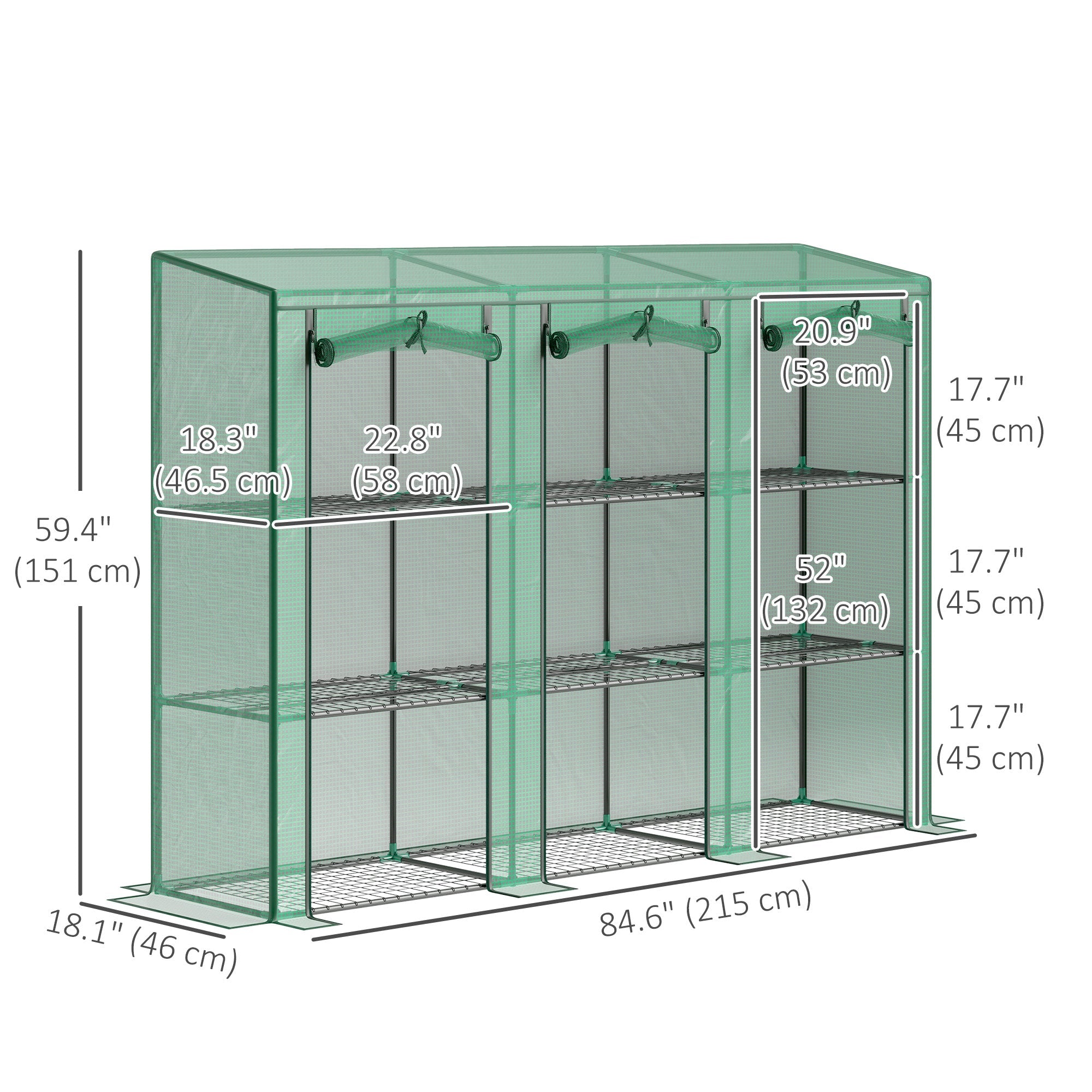 Outsunny Lean-to Greenhouse with 3 Tier Shelves, Mini Greenhouse with 3 Roll-Up Doors for Indoor Outdoor, Green 
