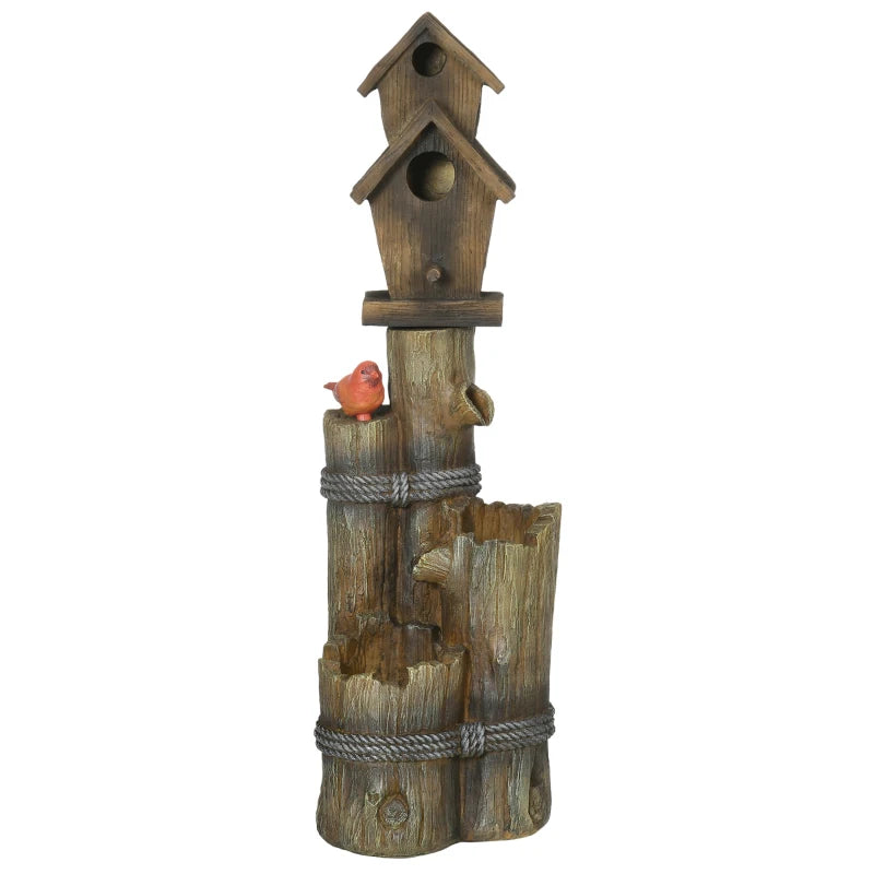 Outdoor Fountain, Garden Waterfall with Birdhouse, 3-Tier Tree Trunk Design, LED Lights for Porch, Deck, Yard, Brown
