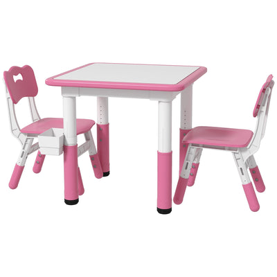 Qaba 3 Piece Kids Table Chair Set Height Adjustable Storage Playroom Furniture Easy Clean Plastic Sturdy Construction Pink 