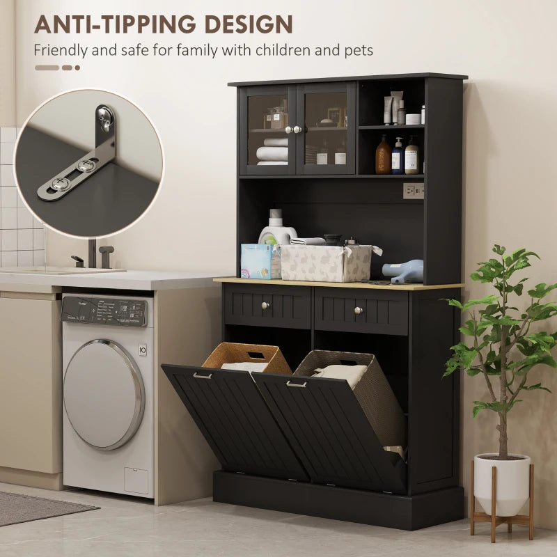 Kitchen Cabinet with Charging Station, 2 Tilt Out Cabinets, Microwave Stand, Freestanding Kitchen Pantry Cabinet, Black
