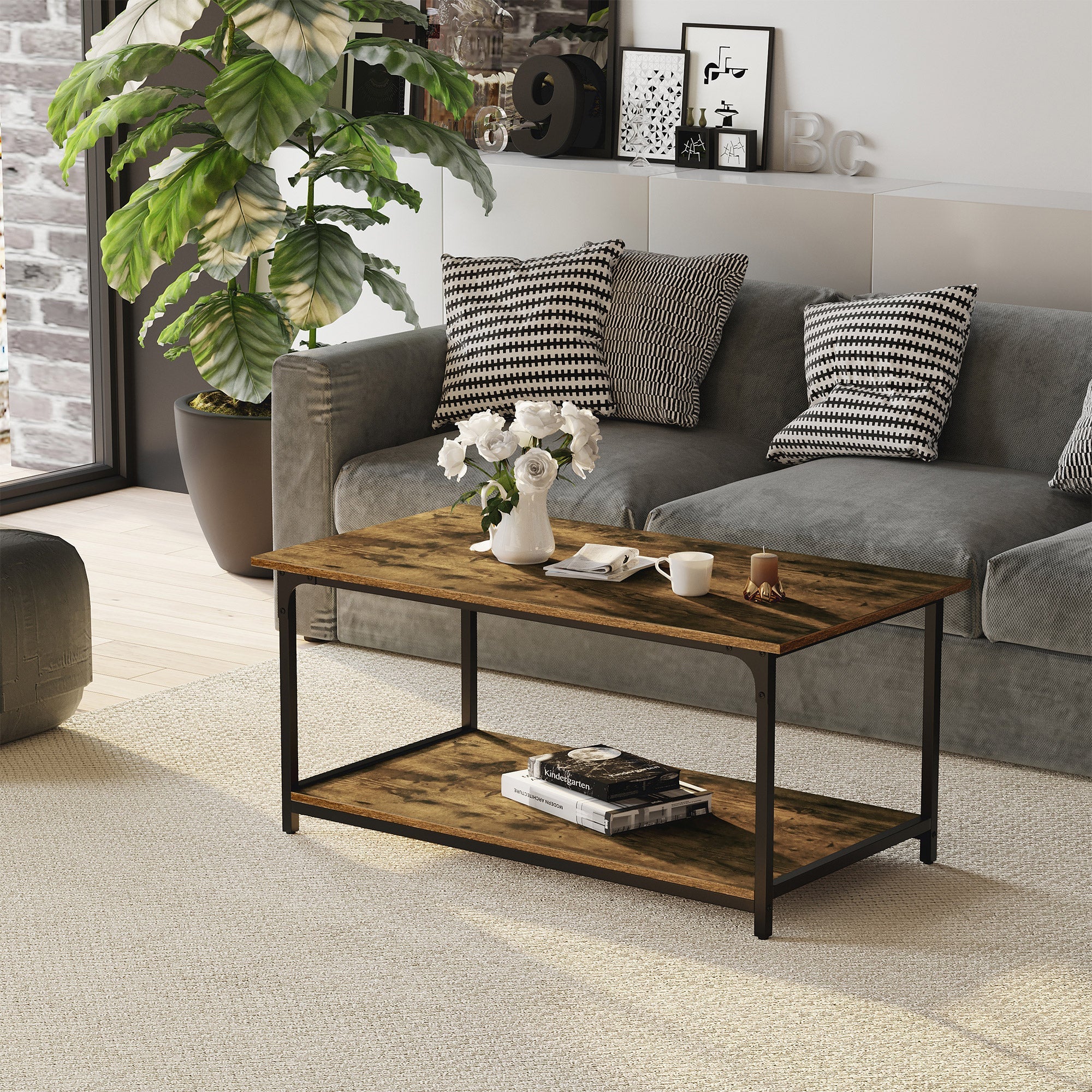 HOMCOM Rustic Brown Industrial Coffee Table: 2-Tier Center Table with Storage Shelf for Living Room 