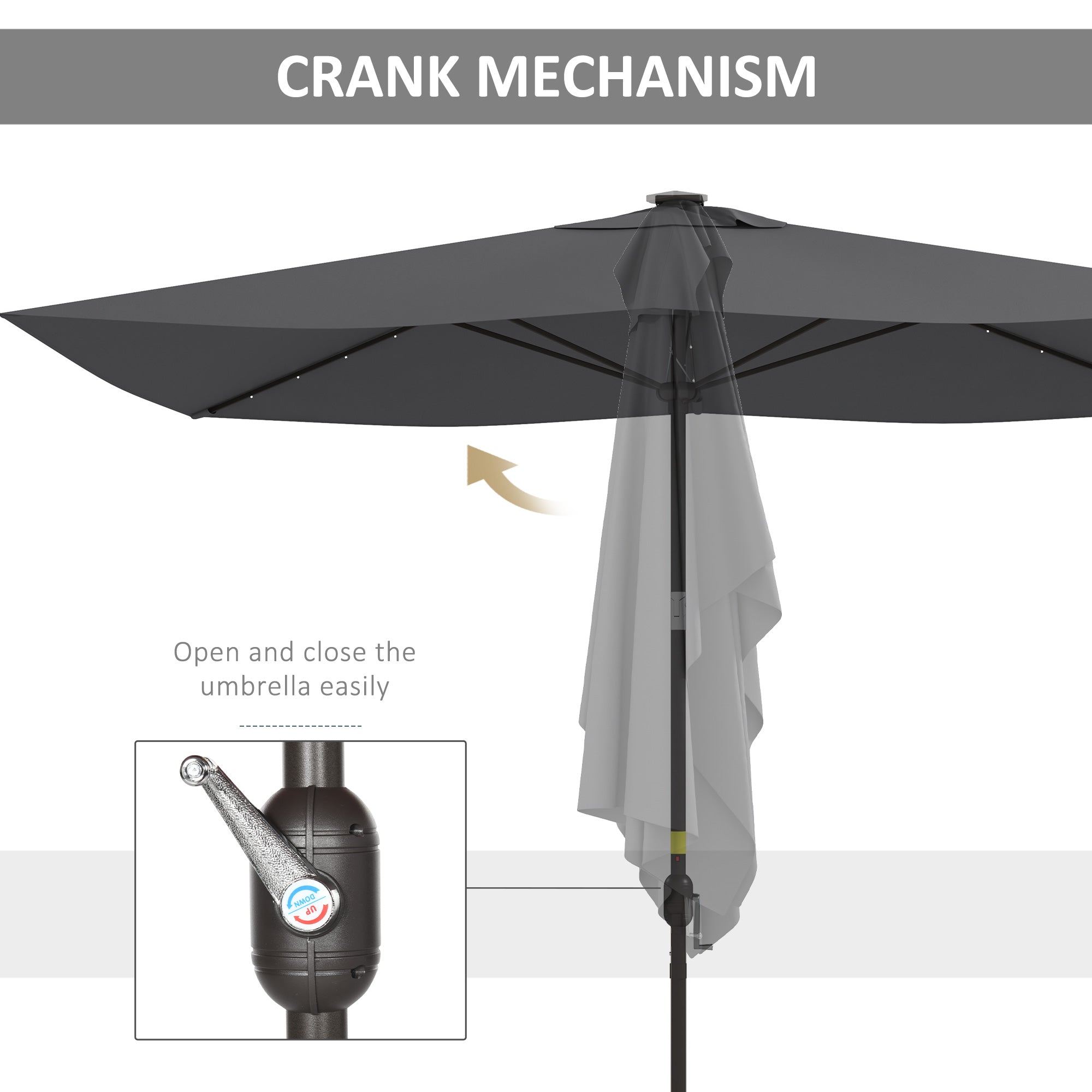 Outsunny 6.5x10ft Patio Umbrella Tilt Aluminum Outdoor Market Parasol with Solar Powered LEDs, Crank - Dark Grey 