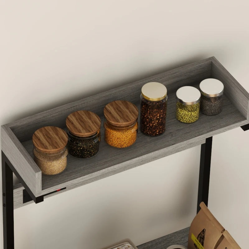 Kitchen Baker's Rack with Power Outlet, Coffee Bar Station with Adjustable Shelves and Hooks, Distressed Grey