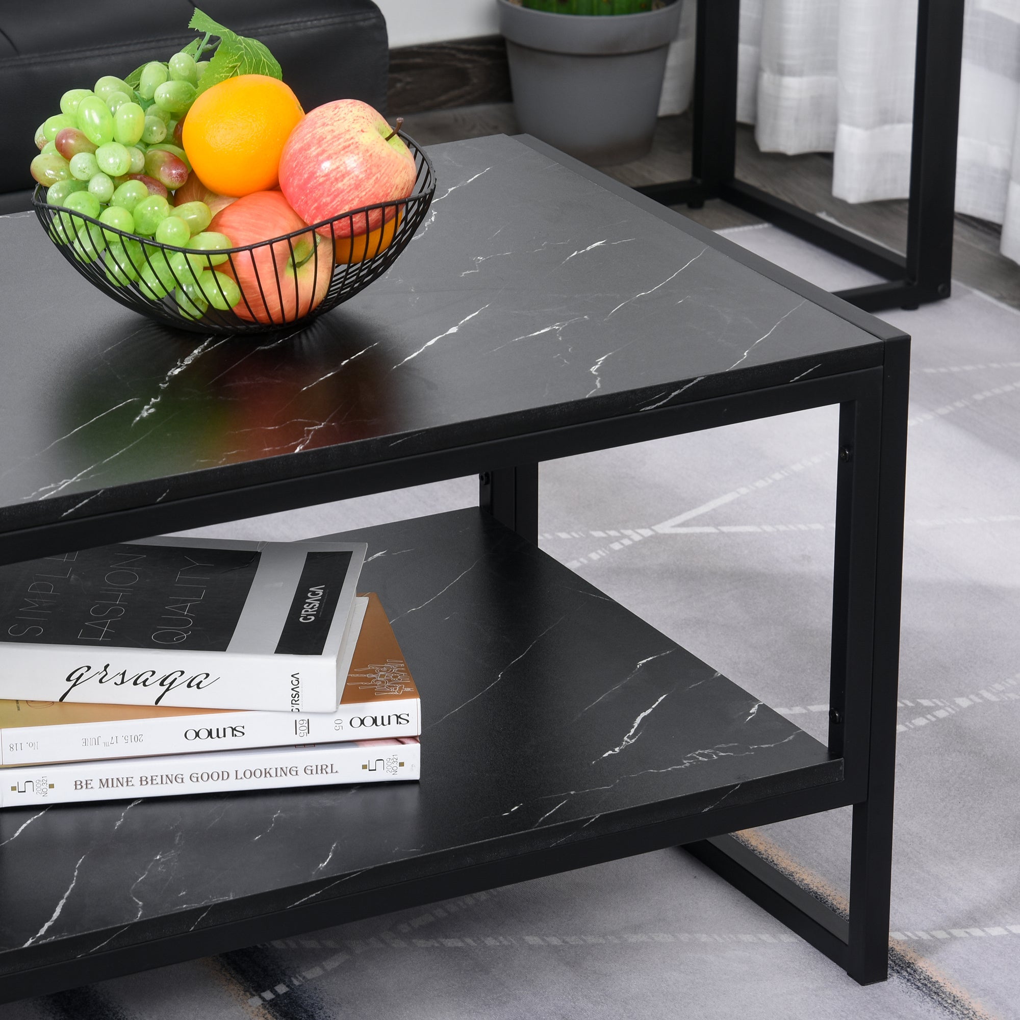 HOMCOM Black 2-Tier Coffee Table: Cocktail Table with Marble Textured Top, Storage Shelf for Living Room, Bedroom, Dorm 